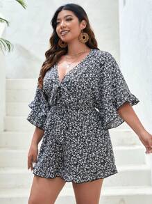 Dreamara Hơn In hoa Ditsy Nút phía trước Romper - Đen và trắng - Xem 3