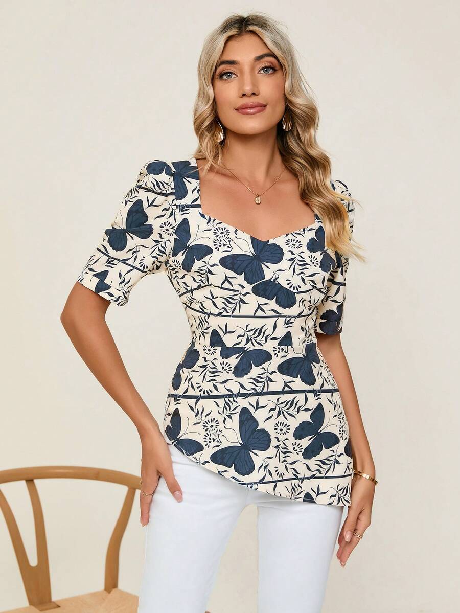 SHEIN Clasi 蝴蝶圖案雞心領口泡泡袖不對稱下擺襯衫 - 彩色 - 查看 1