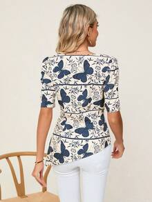 SHEIN Clasi 蝴蝶圖案雞心領口泡泡袖不對稱下擺襯衫 - 彩色 - 查看 2