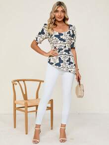 SHEIN Clasi 蝴蝶圖案雞心領口泡泡袖不對稱下擺襯衫 - 彩色 - 查看 3