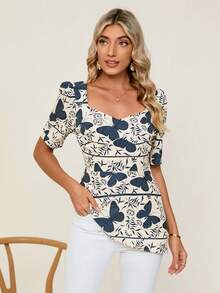 SHEIN Clasi 蝴蝶圖案雞心領口泡泡袖不對稱下擺襯衫 - 彩色 - 查看 4