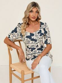 SHEIN Clasi 蝴蝶圖案雞心領口泡泡袖不對稱下擺襯衫 - 彩色 - 查看 5