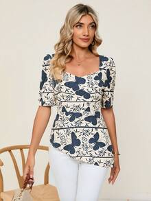 SHEIN Clasi 蝴蝶圖案雞心領口泡泡袖不對稱下擺襯衫 - 彩色 - 查看 6