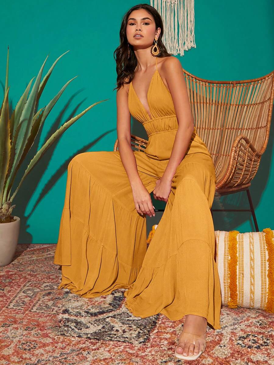 SHEIN VCAY 素色後背繫帶荷葉邊吊帶連體褲 - 芥末黃 - 查看 1