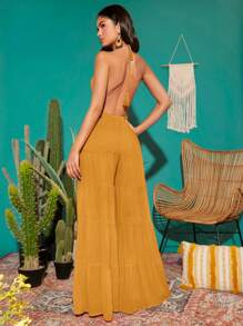 SHEIN VCAY 素色後背繫帶荷葉邊吊帶連體褲 - 芥末黃 - 查看 2