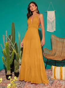 SHEIN VCAY 素色後背繫帶荷葉邊吊帶連體褲 - 芥末黃 - 查看 3