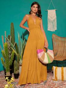 SHEIN VCAY 素色後背繫帶荷葉邊吊帶連體褲 - 芥末黃 - 查看 5