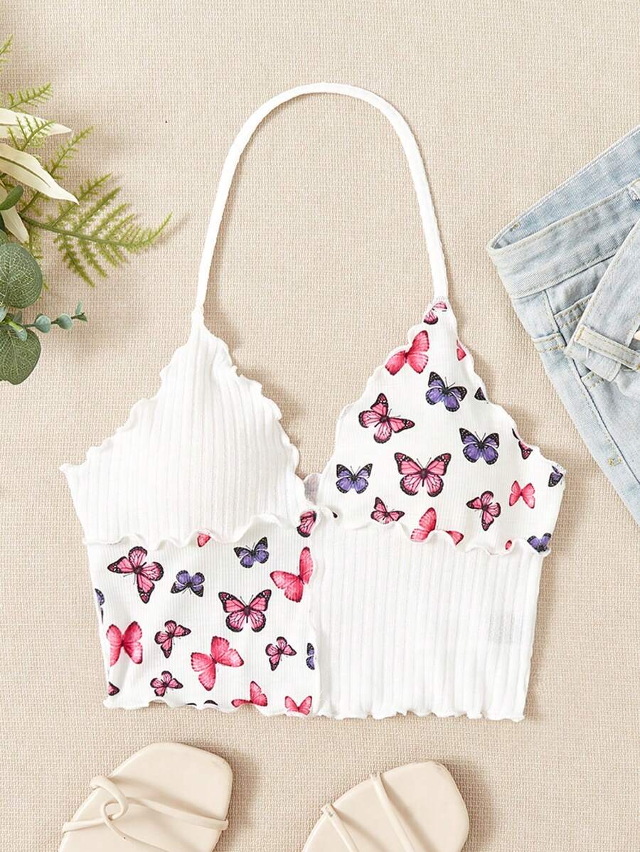 SHEIN VCAY Butterfly Print Lettuce Trim Halter Top - White - View 1
