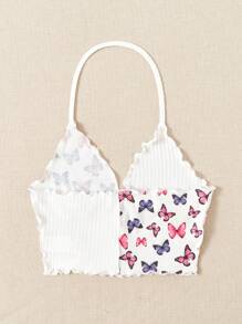 SHEIN VCAY Butterfly Print Lettuce Trim Halter Top - White - View 2