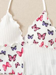 SHEIN VCAY Butterfly Print Lettuce Trim Halter Top - White - View 3