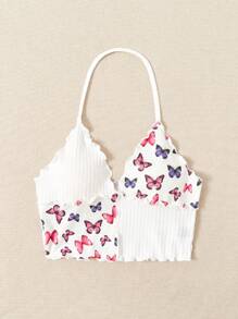 SHEIN VCAY Butterfly Print Lettuce Trim Halter Top - White - View 4