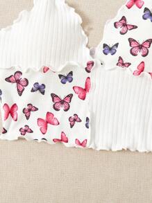 SHEIN VCAY Butterfly Print Lettuce Trim Halter Top - White - View 5