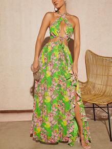 Hauture 印花十字交叉後背繫帶高衩掛脖連衣裙 - 彩色 - 查看 1