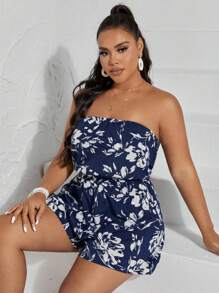Travachic Plus Floral Print Tube Romper Spring Summer Women - Blue and White - View 5