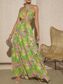 Hauture 印花十字交叉後背繫帶高衩掛脖連衣裙 - 彩色 - 查看 3