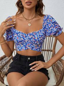 SHEIN VCAY In hoa Ditsy Ống tay áo Áo sơ mi Crop - Nhiều màu - Xem 1