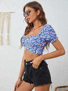 SHEIN VCAY In hoa Ditsy Ống tay áo Áo sơ mi Crop - Nhiều màu - Xem 3