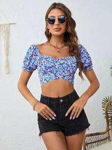 SHEIN VCAY In hoa Ditsy Ống tay áo Áo sơ mi Crop - Nhiều màu - Xem 6