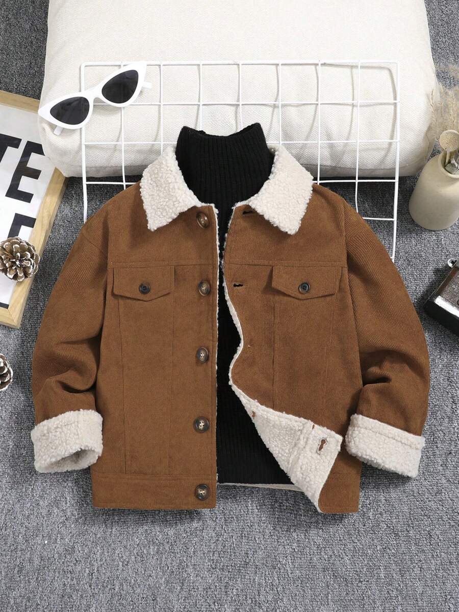 SHEIN 男小童羊絨領口翻蓋細節加絨內裏夾克無毛衣 - 棕色 - 查看 1