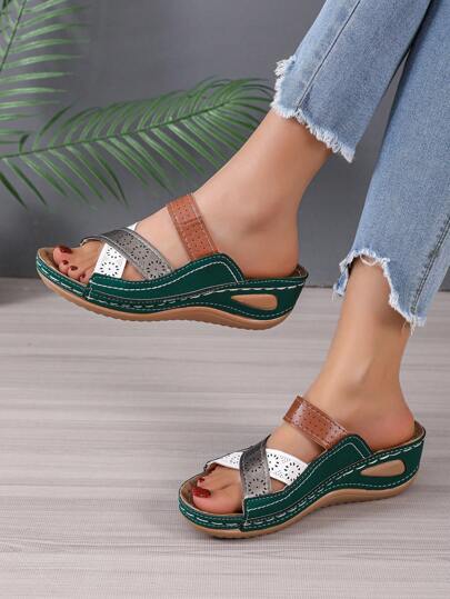 Women Rhinestone Decor Wedge Slide Sandals, Fashion Sandals,Spring Summer Outfits