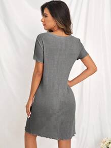 Button Front Waffle Knit Lounge Dress - Dark Grey - View 2