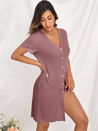 Waffle Knit Button Front Lounge Dress view 3