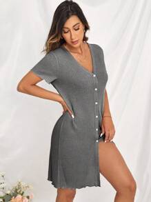 Button Front Waffle Knit Lounge Dress - Dark Grey - View 6
