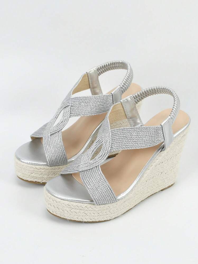 Women's Woven Detail Linen Sole Platform Sandals, Minimalist Open-Toe High-Heel Shoes For Summer Travel & Outdoor - Silver - View 3