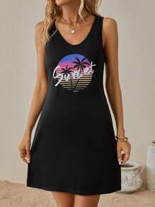 SHEIN LUNE 熱帶圖案背心連衣裙 - 黑色 - 查看 3