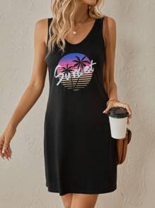 SHEIN LUNE 熱帶圖案背心連衣裙 - 黑色 - 查看 5