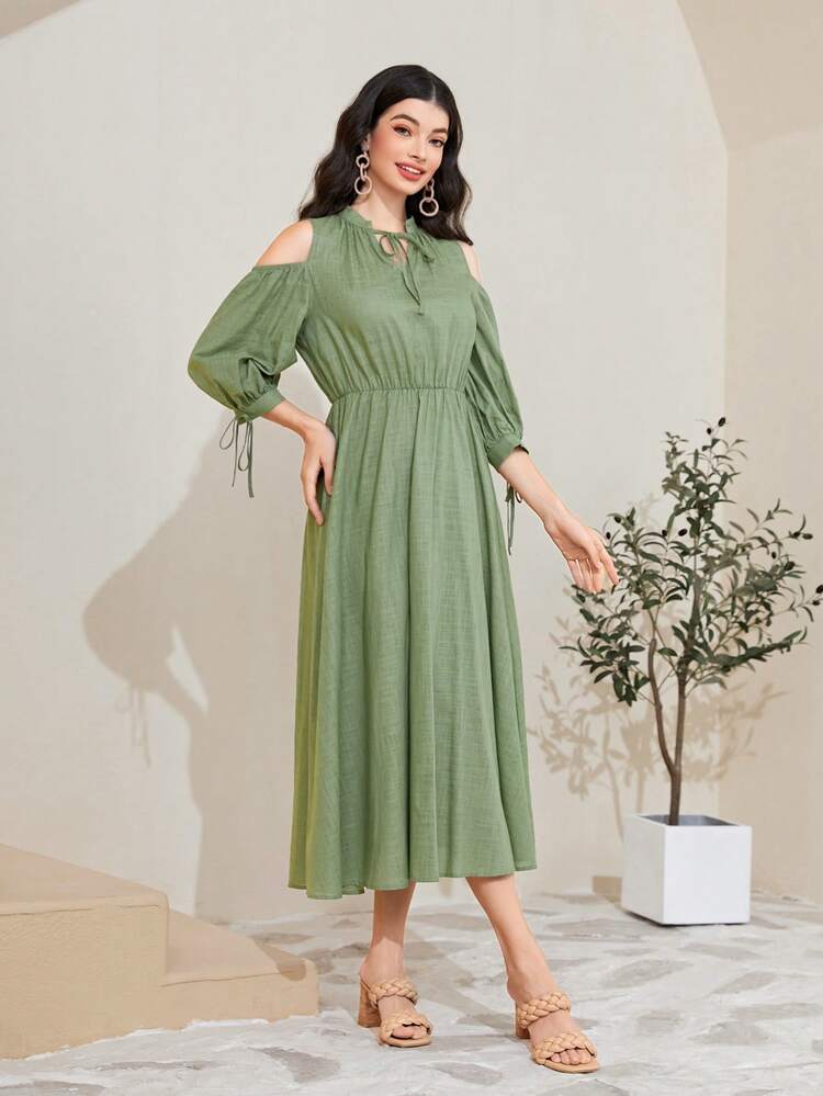 Mulvari 100%棉挖肩打結袖口連衣裙 - 綠色 - 查看 4