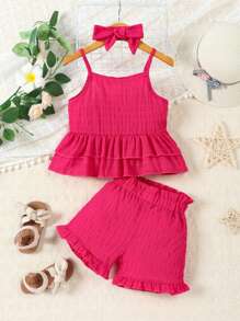 SHEIN Young Girl Ruffle Hem Cami Top & Shorts & Headband - Hot Pink - View 1