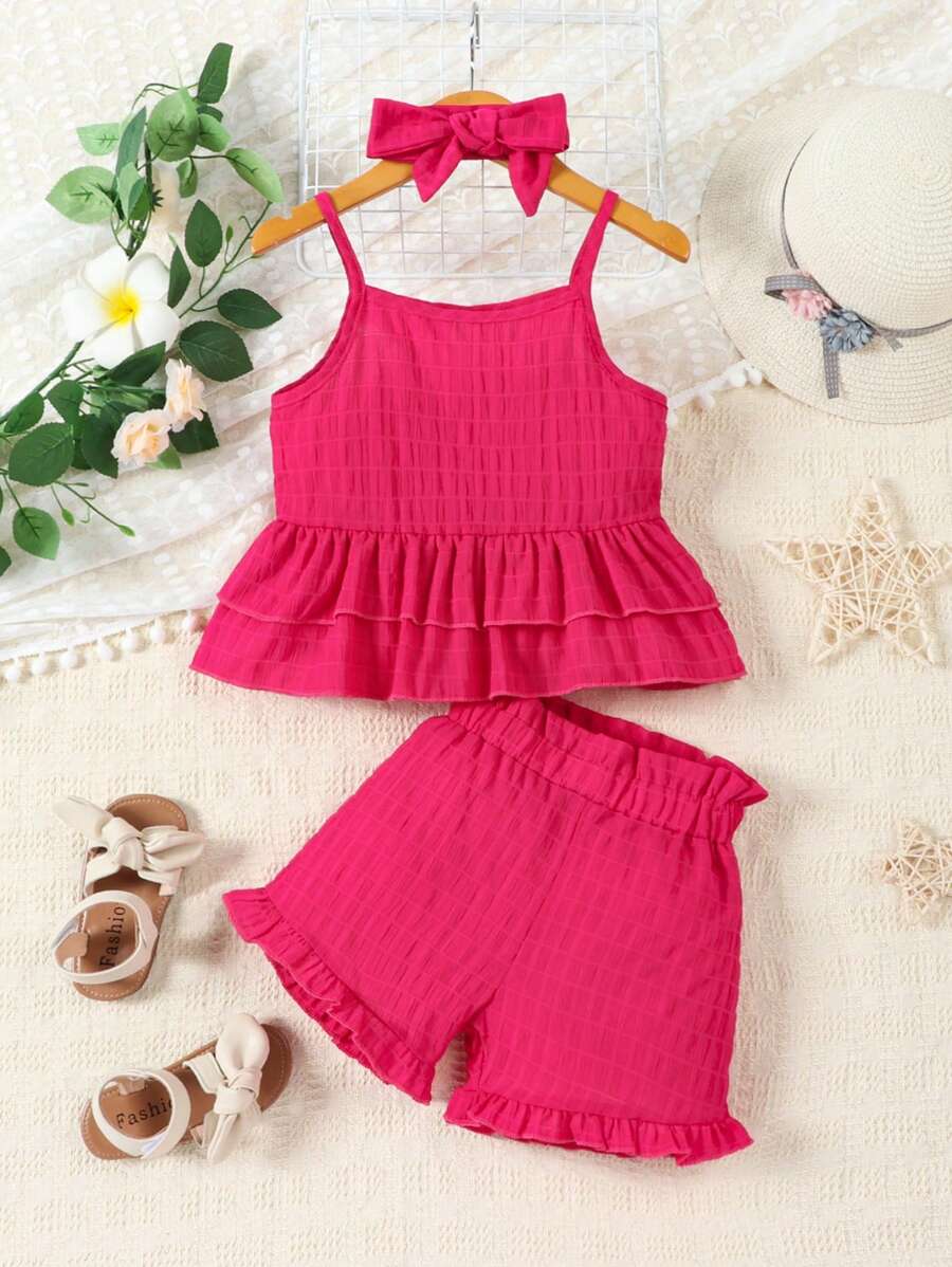 SHEIN Young Girl Ruffle Hem Cami Top & Shorts & Headband - Hot Pink - View 1