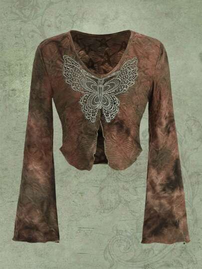 T-Shirt mit Schmetterling Applikation, Batik, Wellensaum,