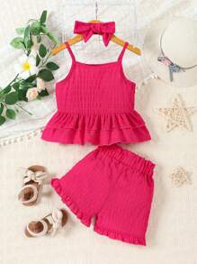 SHEIN Young Girl Ruffle Hem Cami Top & Shorts & Headband - Hot Pink - View 2