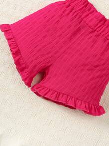 SHEIN Young Girl Ruffle Hem Cami Top & Shorts & Headband - Hot Pink - View 4