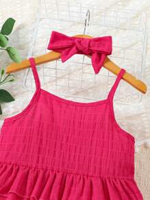 SHEIN Young Girl Ruffle Hem Cami Top & Shorts & Headband - Hot Pink - View 6