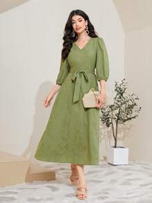 Mulvari 棉提花燈籠袖繫腰帶連衣裙 - 綠色 - 查看 1