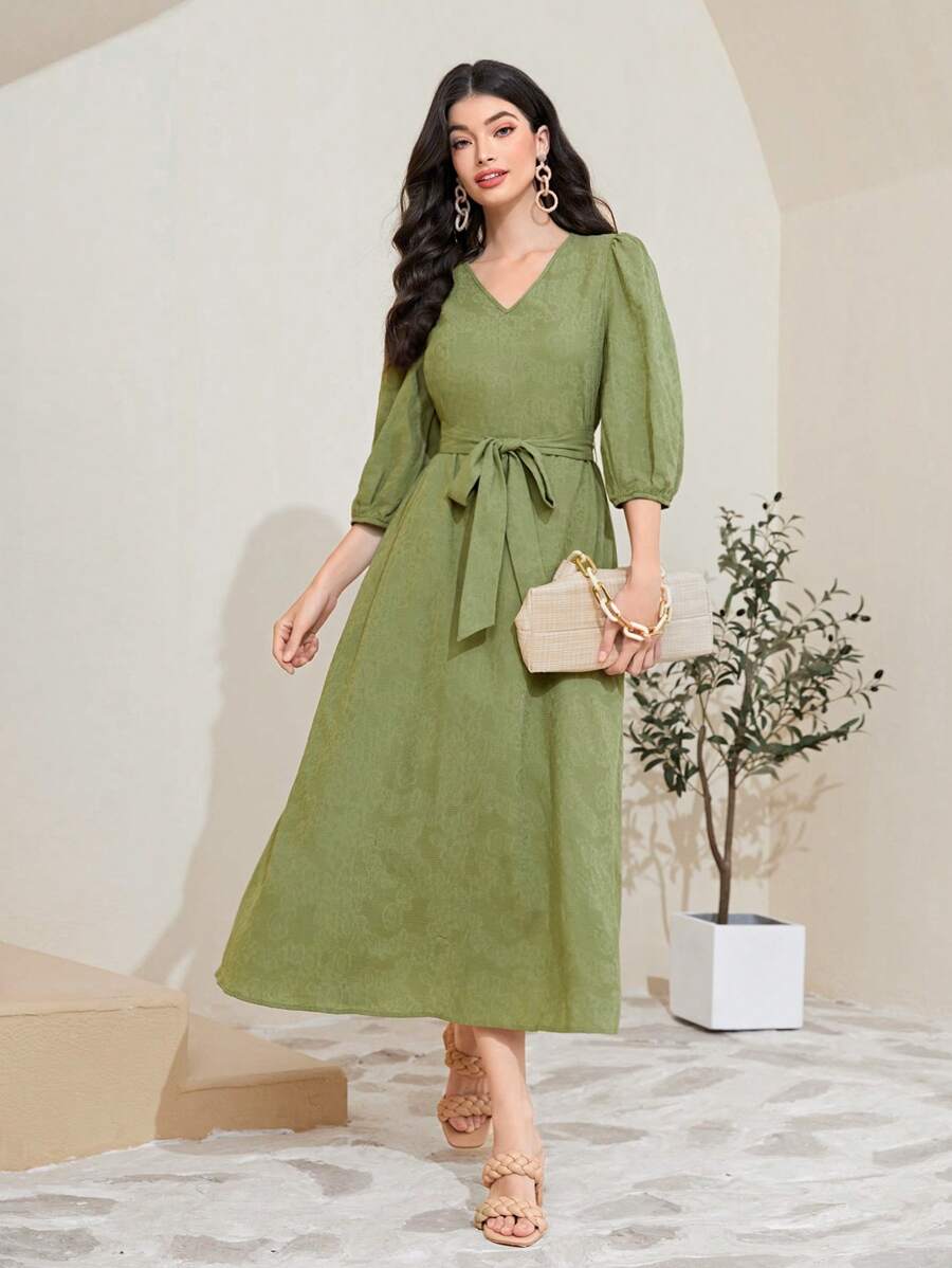 Mulvari 棉提花燈籠袖繫腰帶連衣裙 - 綠色 - 查看 1