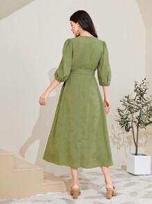 Mulvari 棉提花燈籠袖繫腰帶連衣裙 - 綠色 - 查看 2