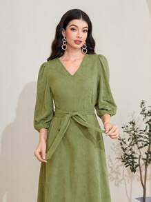 Mulvari 棉提花燈籠袖繫腰帶連衣裙 - 綠色 - 查看 3