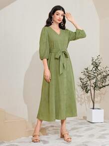 Mulvari 棉提花燈籠袖繫腰帶連衣裙 - 綠色 - 查看 4
