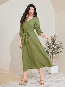 Mulvari 棉提花燈籠袖繫腰帶連衣裙 - 綠色 - 查看 5