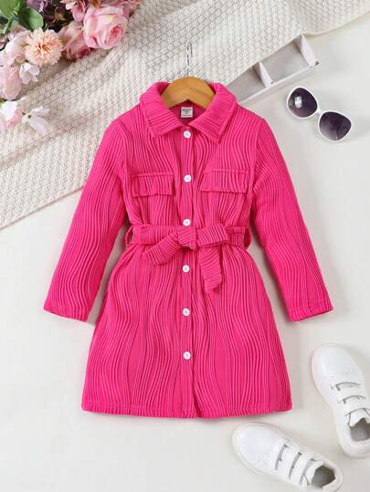 SHEIN 女小童翻蓋細節腰帶襯衫連衣裙