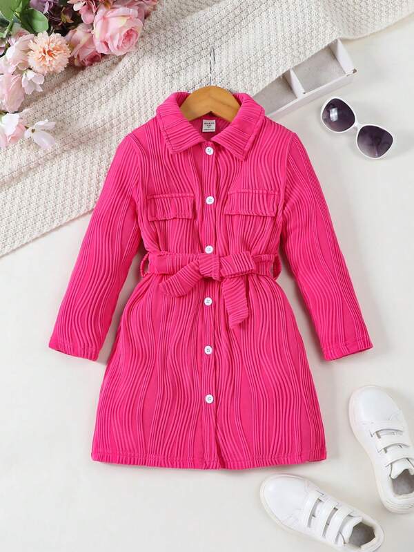 SHEIN 女小童翻蓋細節腰帶襯衫連衣裙