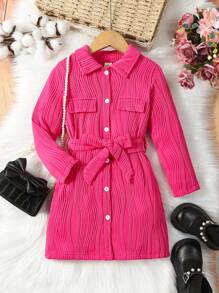 SHEIN 女小童翻蓋細節腰帶襯衫連衣裙 - 玫紅色 - 查看 3