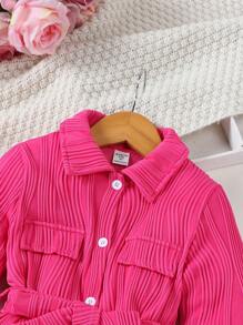 SHEIN 女小童翻蓋細節腰帶襯衫連衣裙 - 玫紅色 - 查看 4