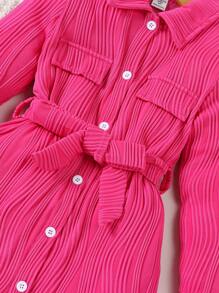 SHEIN 女小童翻蓋細節腰帶襯衫連衣裙 - 玫紅色 - 查看 5