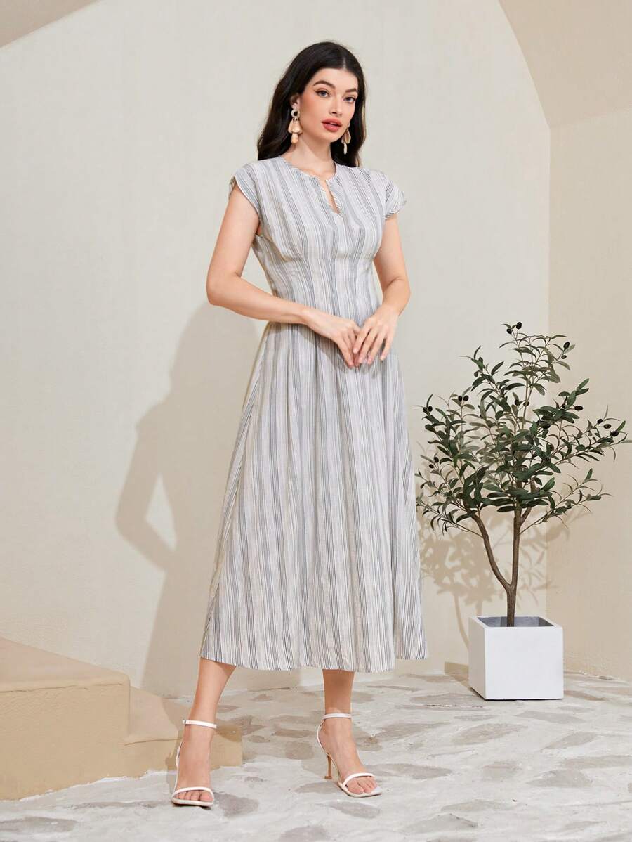 Mulvari Cotton Striped Print Notched Neckline Dress - Multicolor - View 1