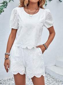 Breezaya Puff Sleeve Scallop Trim Blouse & Shorts - White - View 1